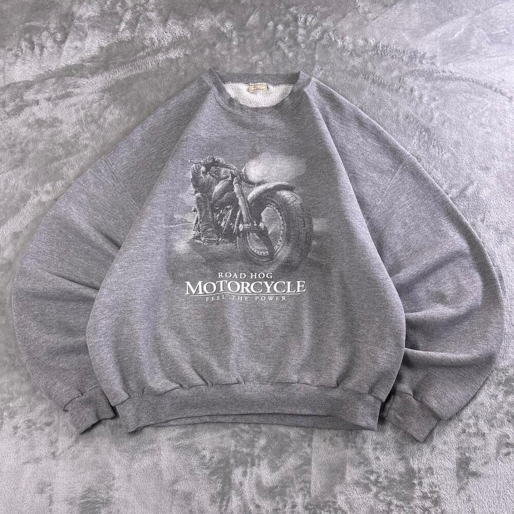 Vintage Road Hog Motorcycle Sweatshirt Menβs Large Gray Biker Graphic Crewneck